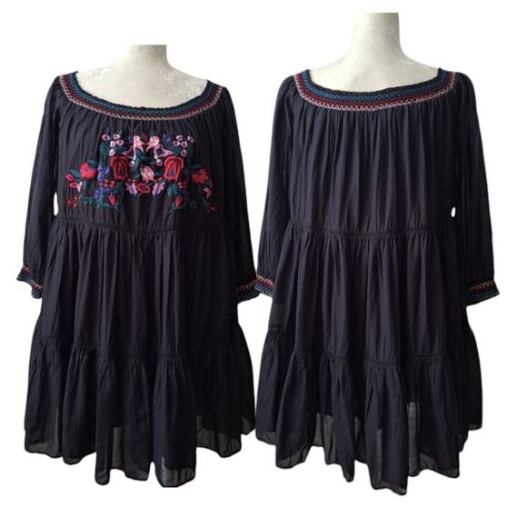 Free People Sunbeam Black Embroidered Off Shoulder Boho Peasant Tunic Dress M - Picture 3 of 9